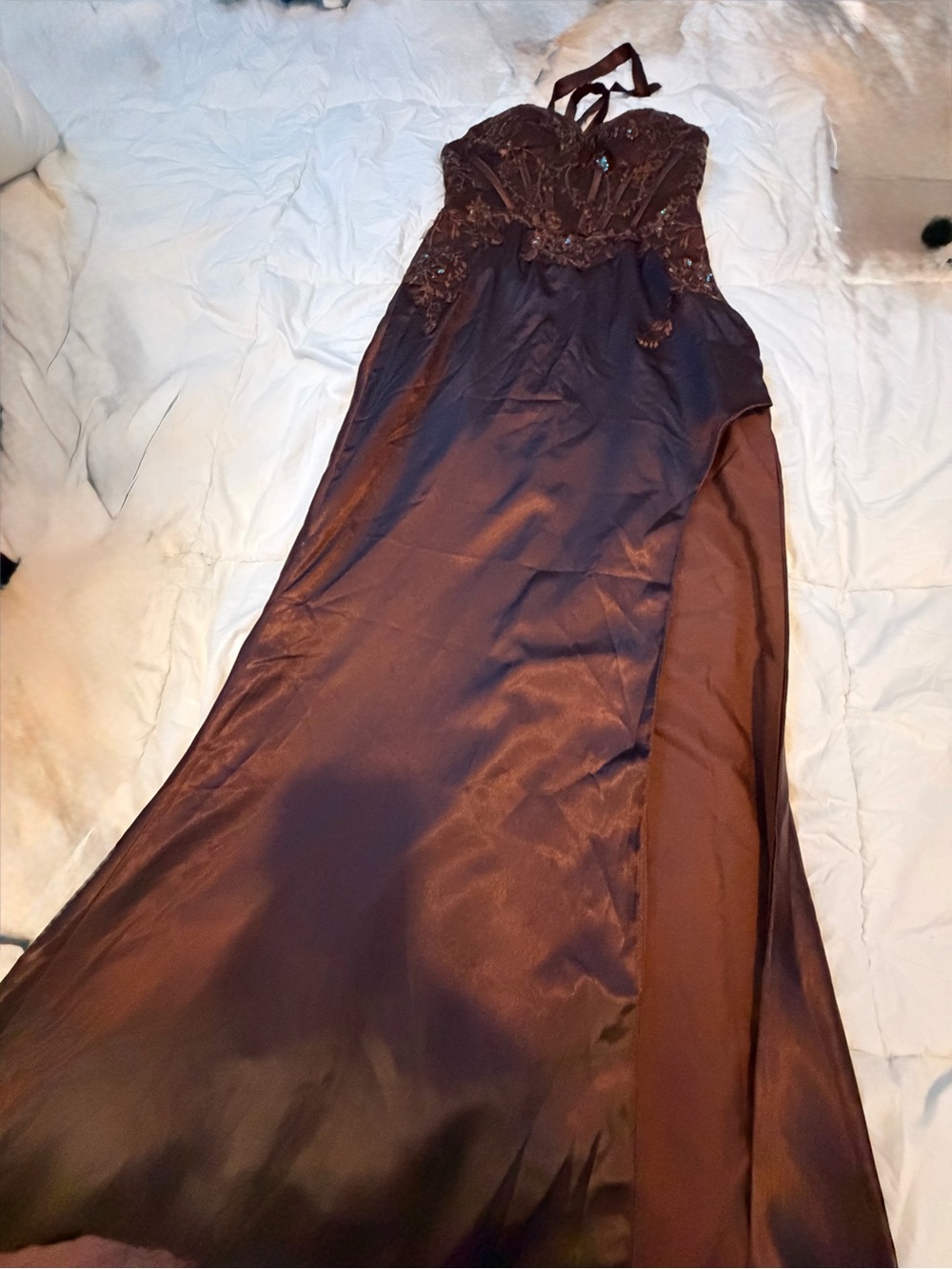 Strapless Brown Embellished Evening Dress